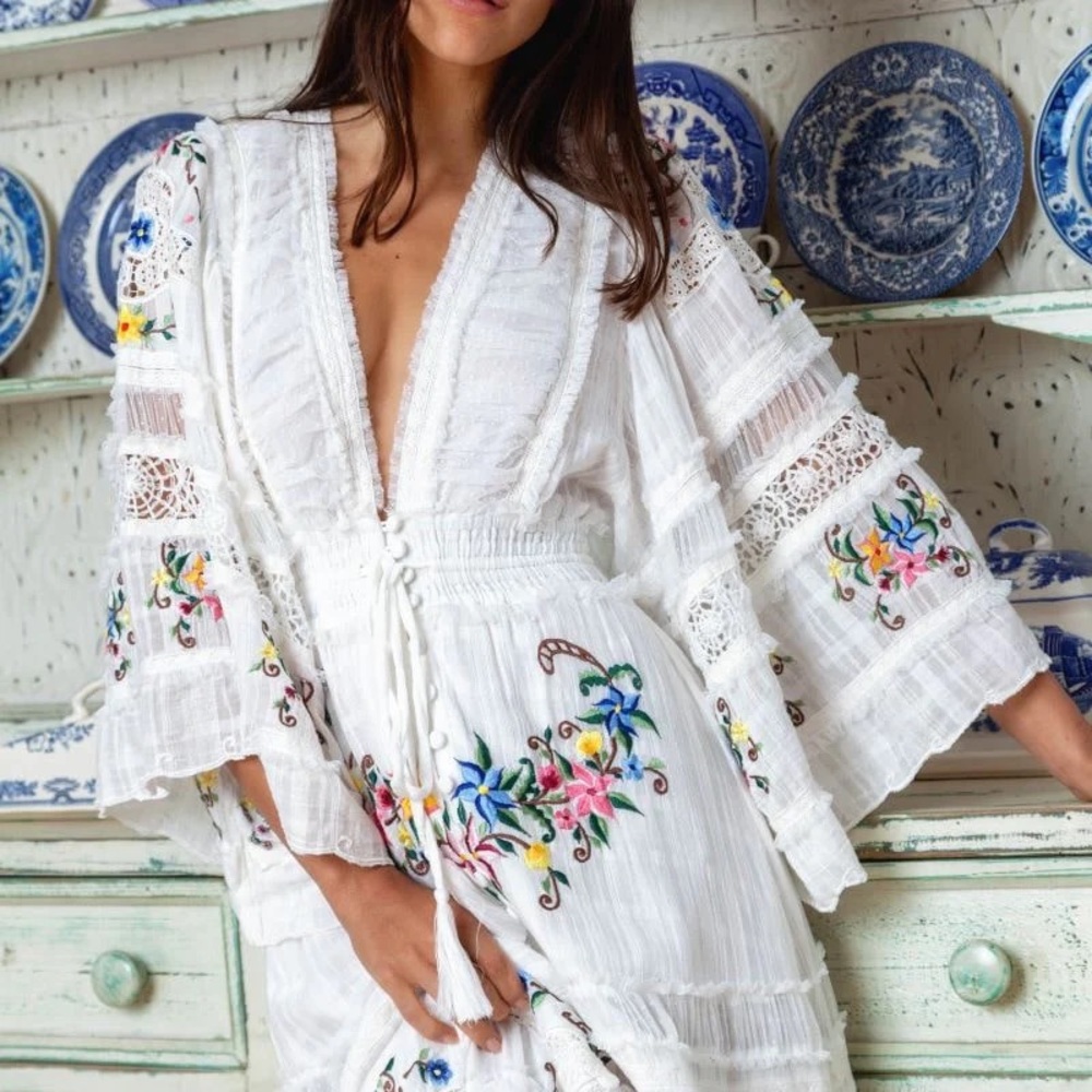Fillyboo Charm Your Way - Embroidered maxi dress/duster - Rosey Tea in Ivory